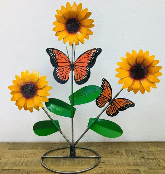 Triple Sunflower Butterfly Metal Art