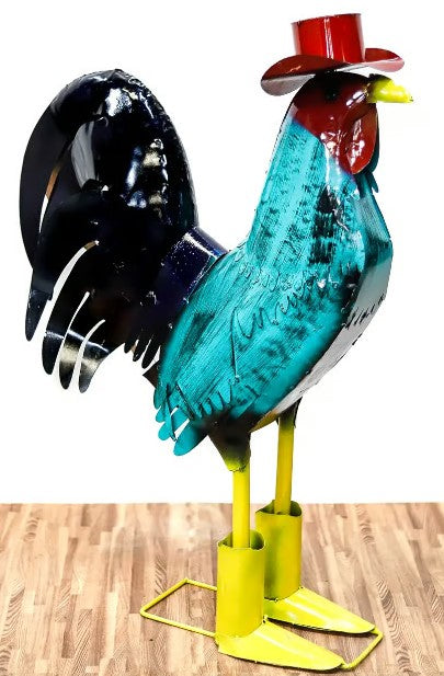 Rooster 39" Turquoise Cowboy hat Metal Art