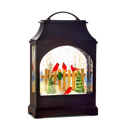 A R304 CARDINAL ON FENCE LIGHTED WATER LANTERN SNOW GLOBE