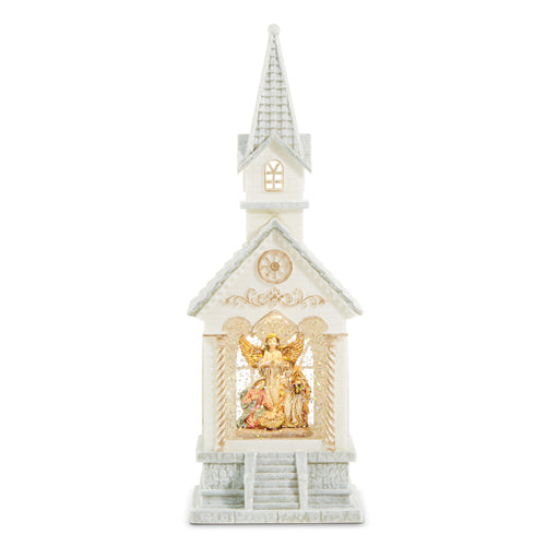 A R251 ANGEL NATIVITY HOLY FAMILY LIGHTED WATER CHURCH SNOW GLOBE