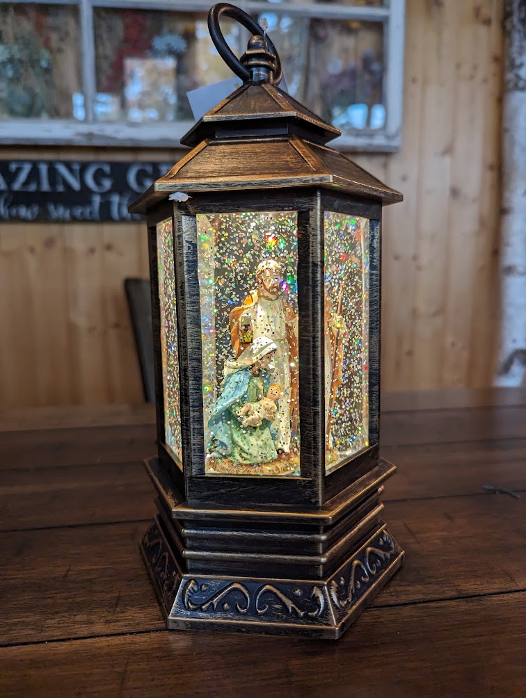 A R801 NATIVITY HOLY FAMILY LIGHTED SNOW WATER GLOBE LANTERN