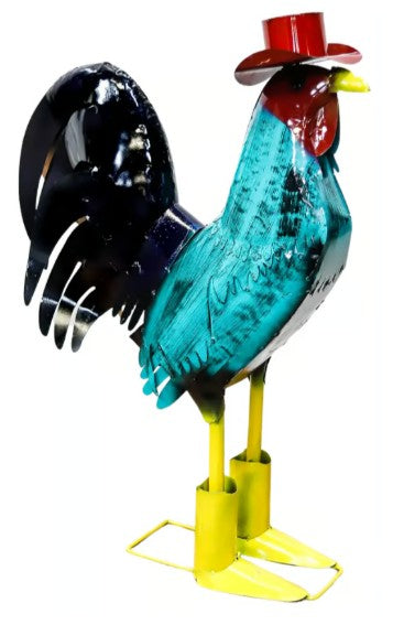 Rooster 39" Turquoise Cowboy Rooster Metal Art