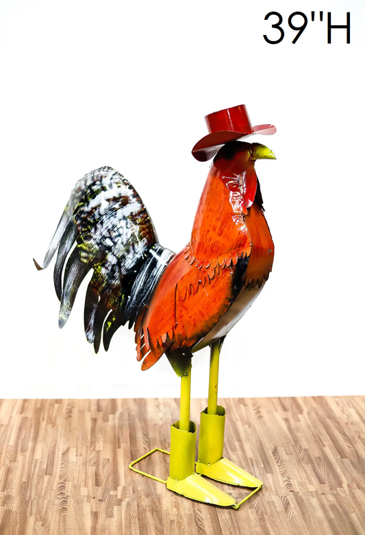Rooster Red Cowboy 39" Metal Art
