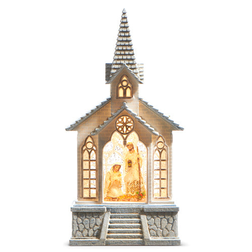 A R751 NATIVITY HOLY FAMILY MUSICAL LIGHTED WATER CHURCH MUSICAL WATER SNOW GLOBE