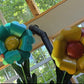Flower Stake Teal and Yellow Metal Art